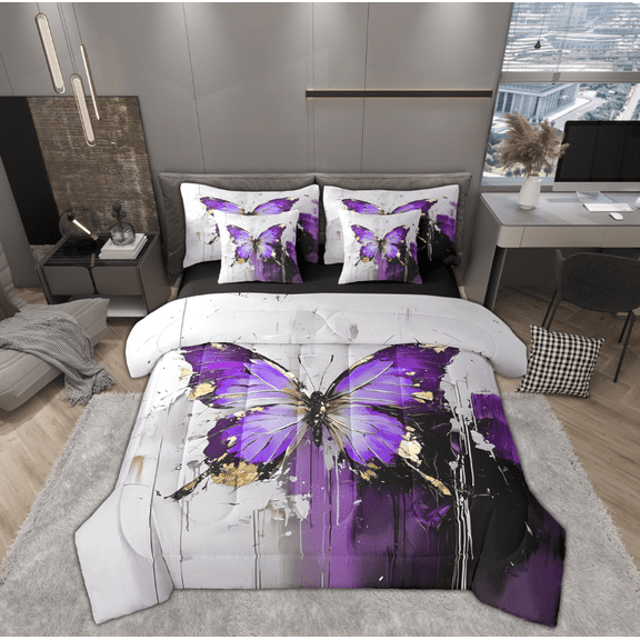 Manfei Dreamy Purple Butterfly Twin Bedding Sets 7-Piece for Female, Oil Printing Bedding Comforter Set, Romantic Animal Reversible Sheet Sets, Ultra Soft Home Decor
