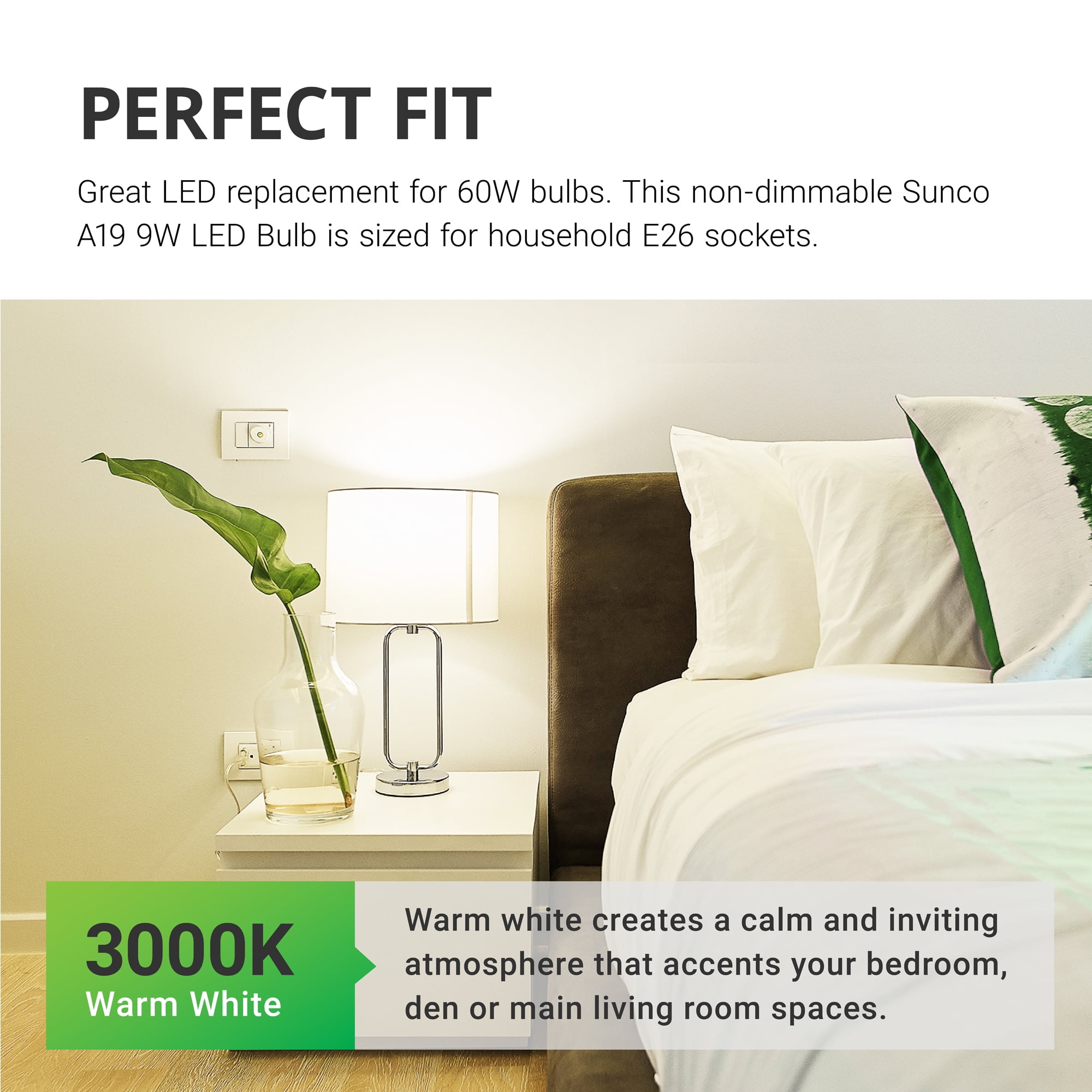 Sunco Lighting 12 Pack A19 LED Bulb, 9W=60W, 3000K Warm White, 850 LM, Non-Dimmable, E26 Base, Indoor Light - UL
