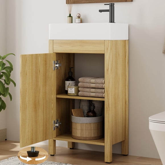 16" Bathroom Vanity with Sink, Vintage Bathroom Cabinet Vanity with Doors, Farmhouse Wooden Freestanding Bathroom Cabinet with Top