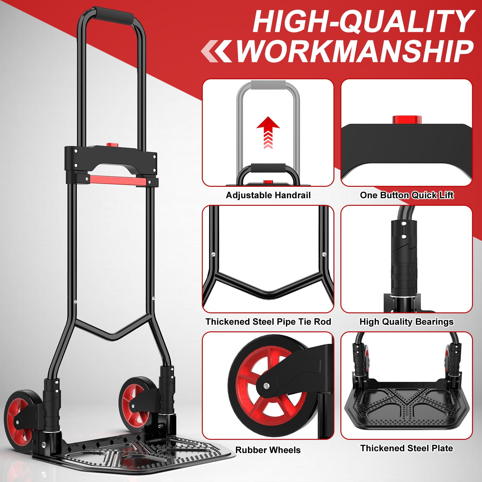 Yacona Heavy-Duty Folding Hand Truck, Foldable Dolly Cart with Wheels, 180 Lbs Capacity Steel Collapsible Luggage Cart, for Furniture Moving Travel Shopping Airport Office