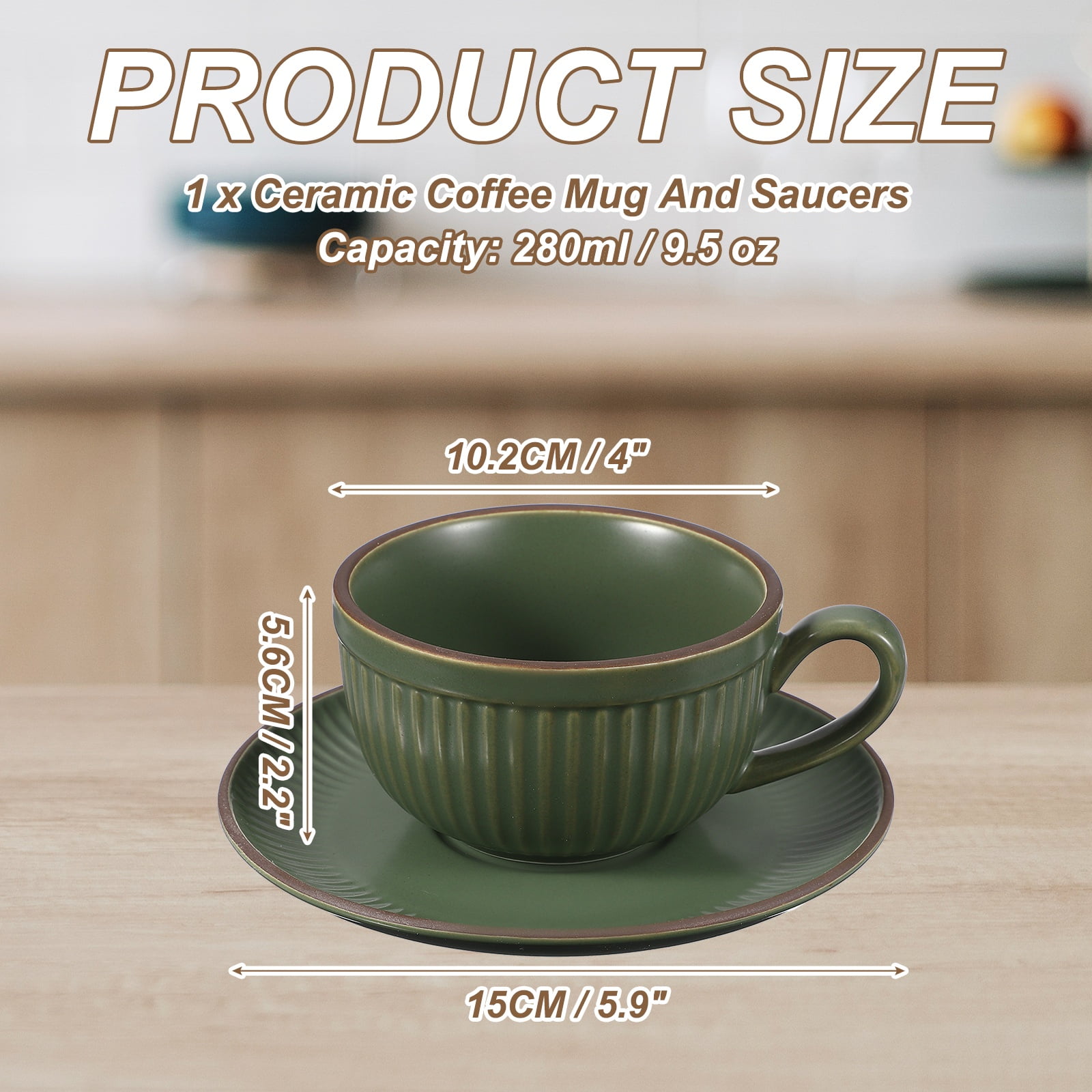 Uxcell Handmade Vintage Espresso Cups, 9.5 oz Stripe Coffee Cups and Saucers Ceramic Tea Cup with Handle Dishwasher and Microwave Safe for Latte Cappuccino Milk Office Home Gifts, Dark Green