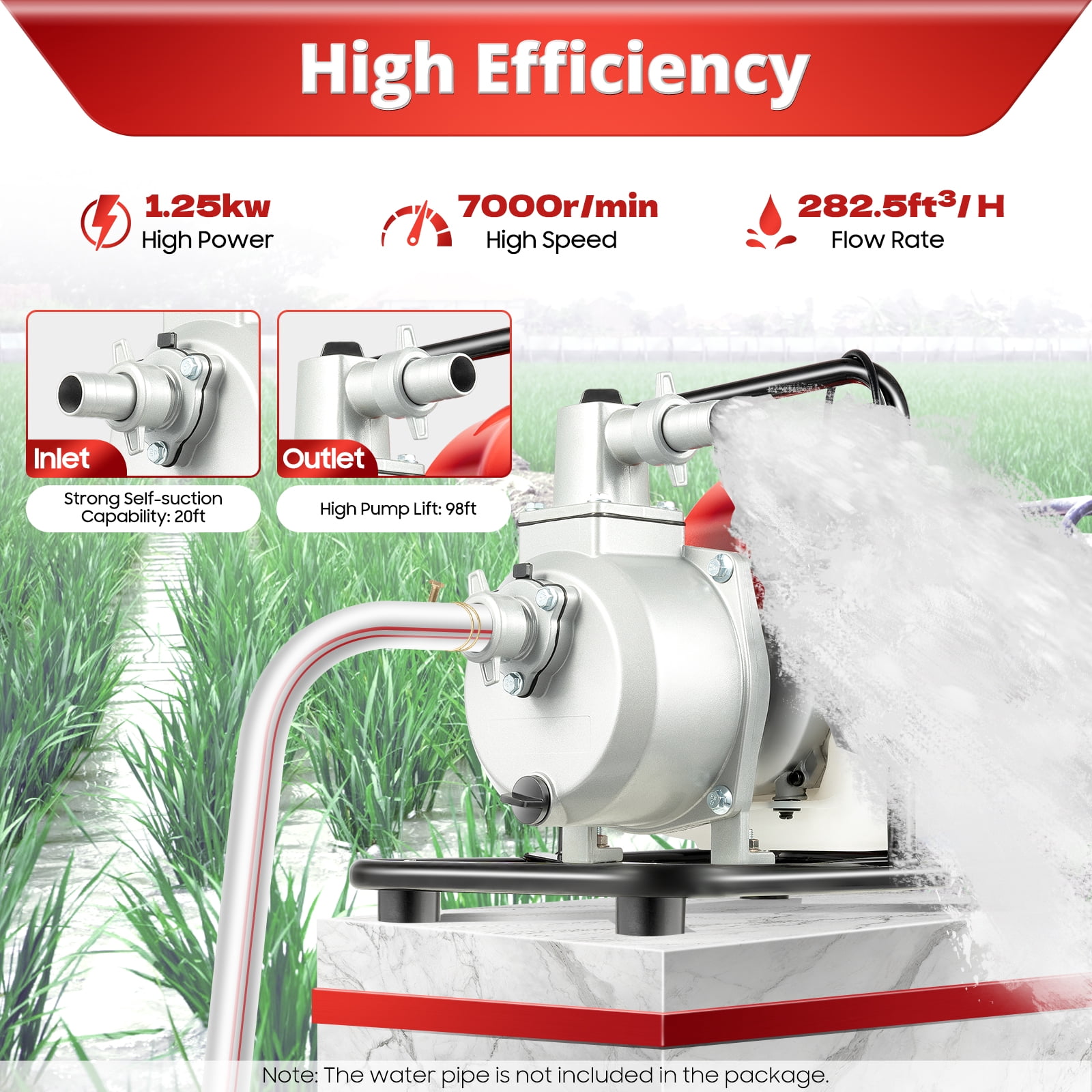 2-Stroke 2HP 1 inch 43cc Gasoline Water Pump, Gas Powered High Pressure Petrol Water Transfer Removal Pump with Air-Cooled Engine