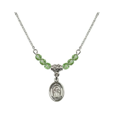 18-Inch Rhodium Plated Necklace with 4mm Green August Birth Month Stone Beads and Saint Sophia Charm
