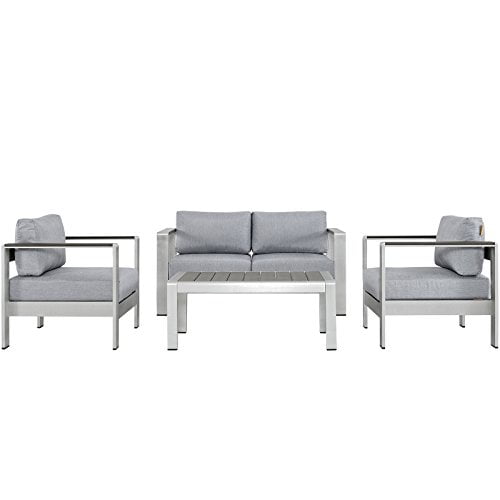 Modway Shore Ensemble de Mobilier de Patio Extérieur en Aluminium de 4 Pcs, Gris Argenté