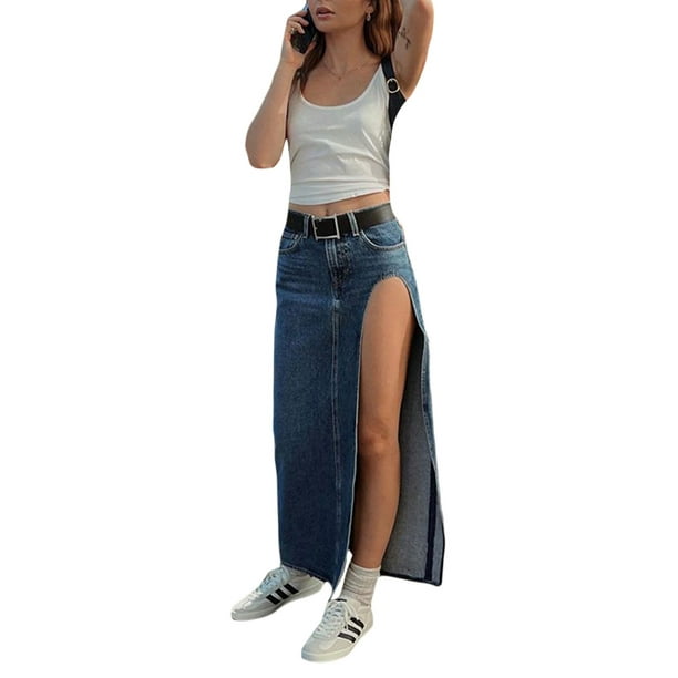 Kmbangi Side Split Long Denim Skirt Blue High Waist Streetwear Skirt for Women Spring Summer Walmart