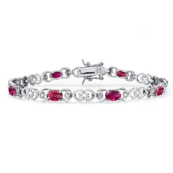 Gem Stone King 925 Sterling Silver Pink Tourmaline and Red Created Ruby and Lab Grown Diamond Bracelet for Women | 3.91 Cttw | Gemstone October Birthstone | Oval 6X4MM | Length 7.25 inches