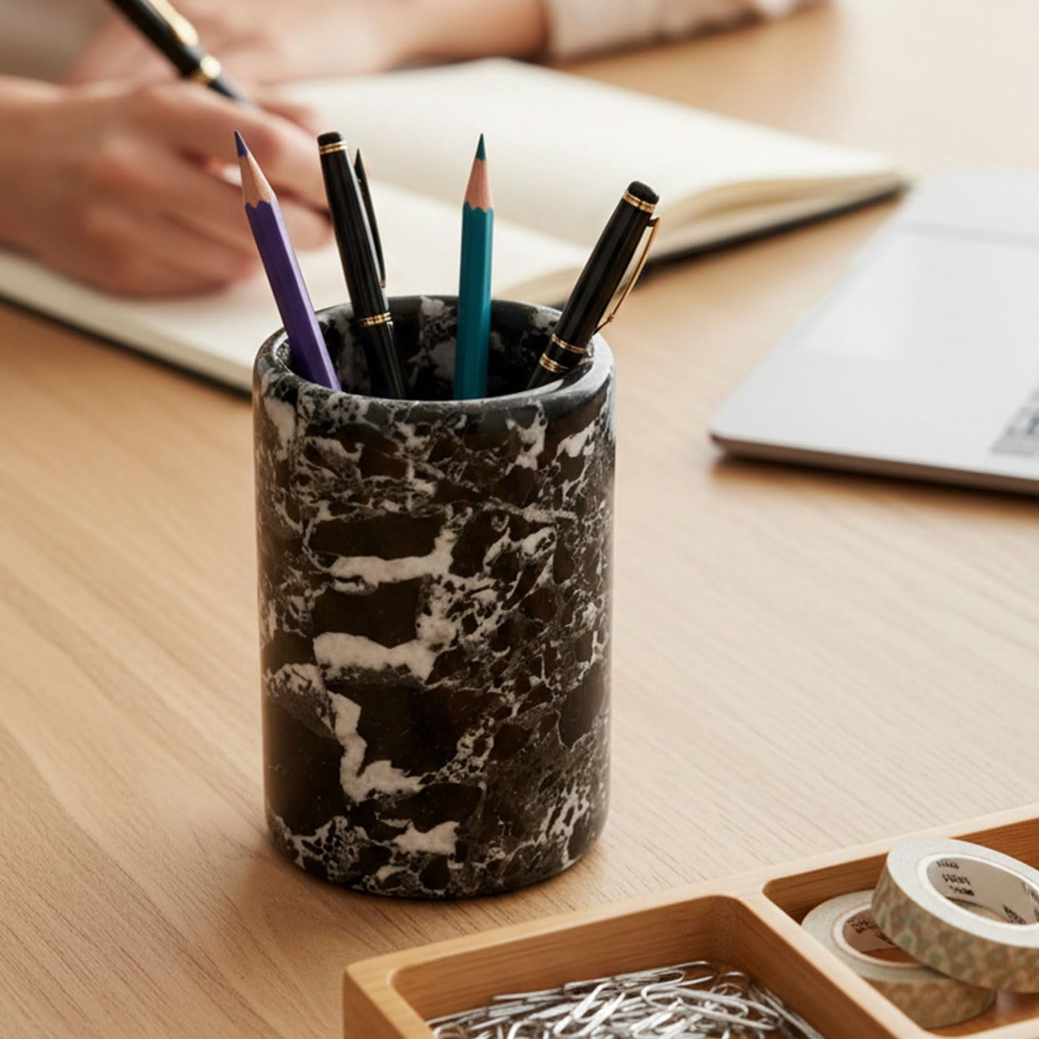 Radicaln Black Marble Stationary Holder 4" – Pencil Stand for Desk, Makeup Brush Holder, Toothbrush Organizer, Office Supplies Caddy, Minimalist Décor