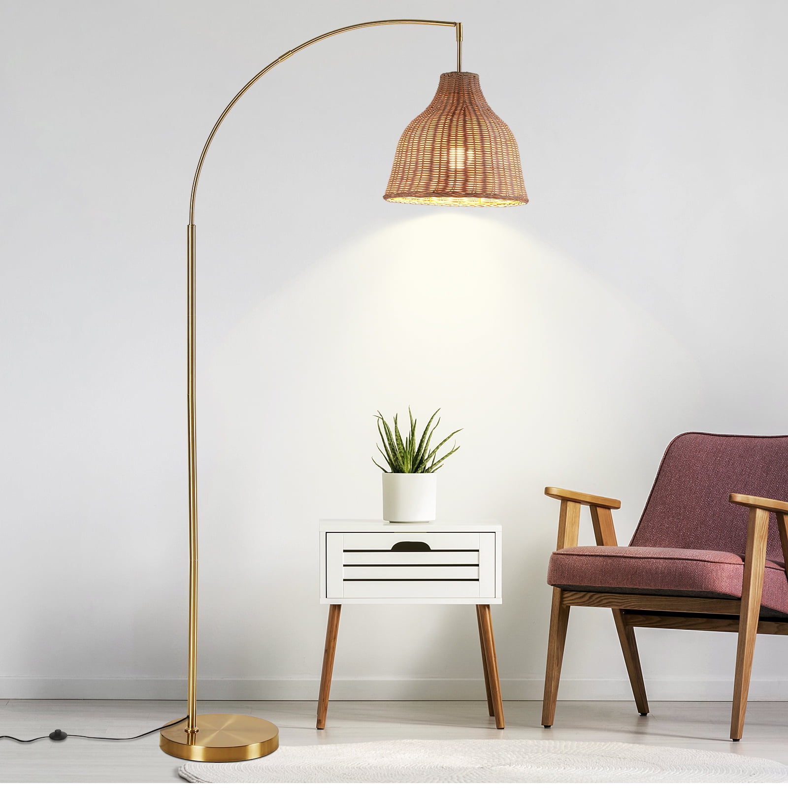 SUNMORY 72 inch Arched Rattan Floor Lamp, Fabric Retro Boho Farmhouse Rustic Standing Lamp for Living Room, Bedroom, Office, 9W & Foot Switch &  3 Color Temperature, Gold
