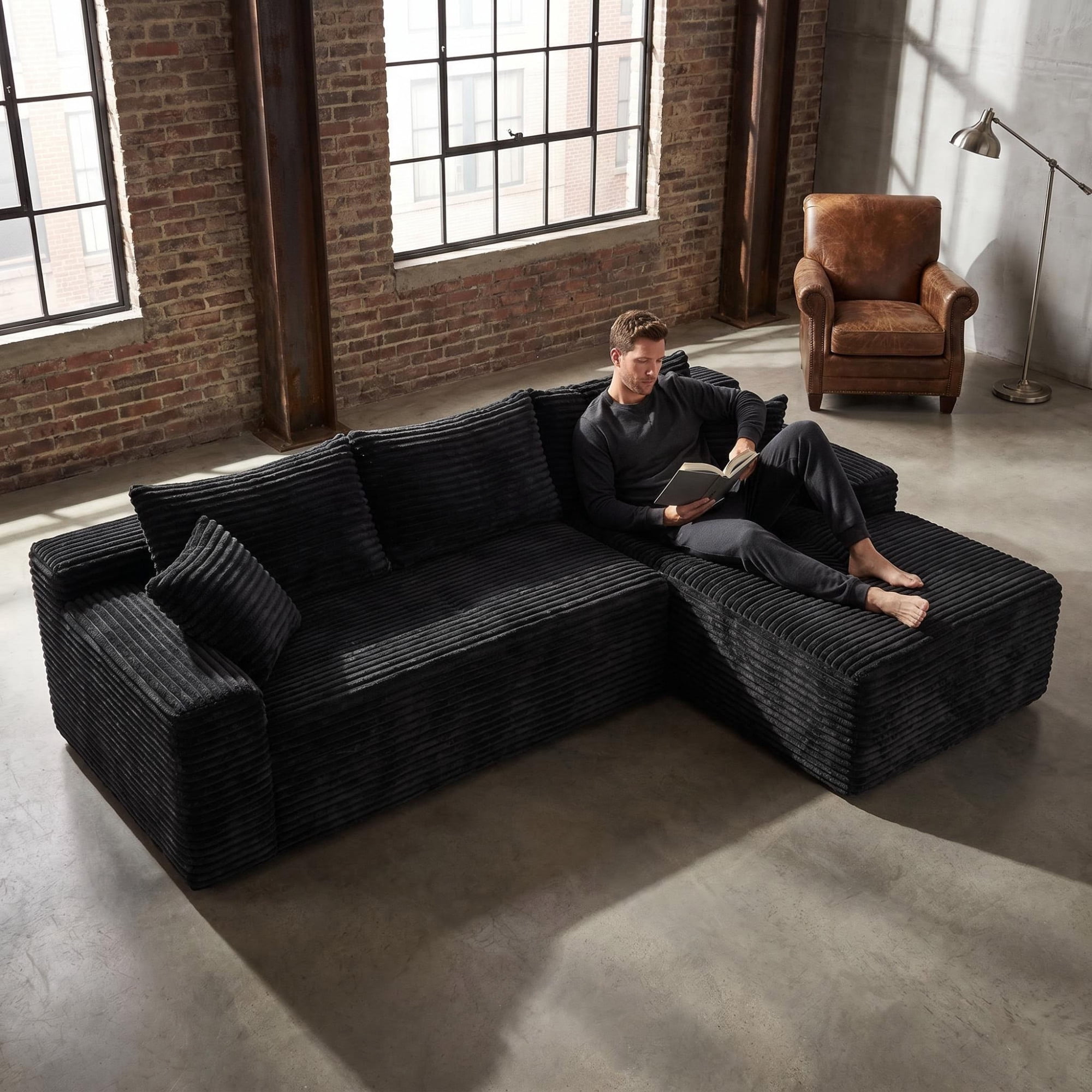 Leumius 106.3" Cloud Modular Sectional Sofa Couch with L-Shape Chaise,Modern Minimalist Upholstered Couches for Living Room Bedroom No Assembly Required Black-R