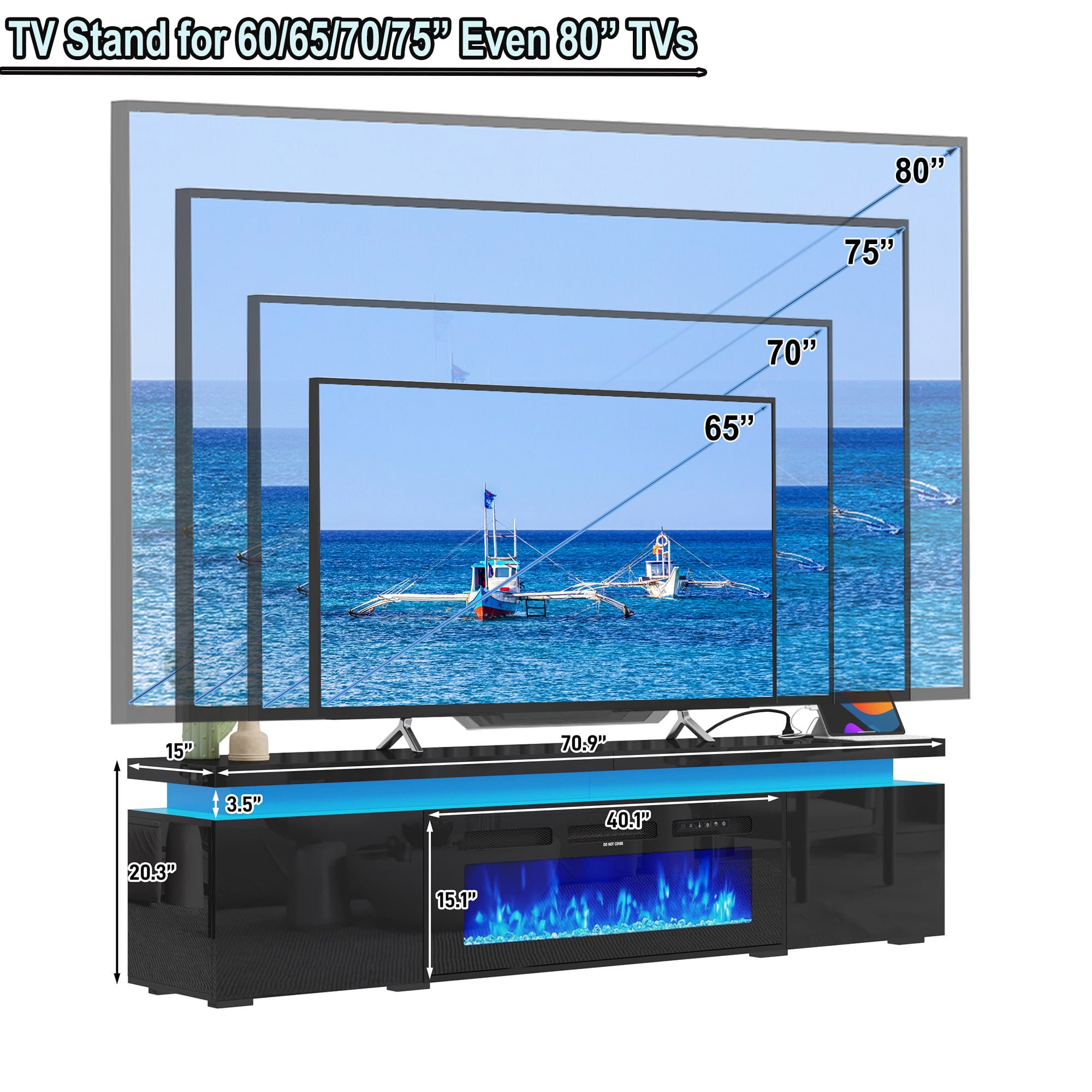 Fireplace TV Stand for 70" 75" 80" with LED Light & Outlets, 70" Large Entertainment Center Gaming Soundbar Shelf with 40'' Electric Fireplace