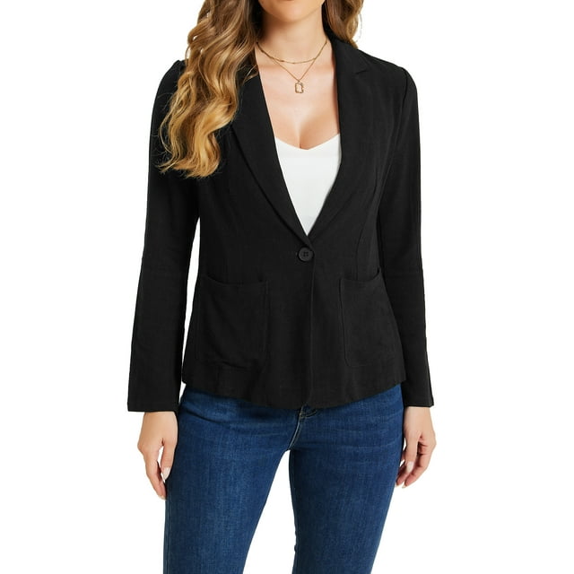 Blazer de lino INSPIRE CHIC para mujer, chaquetas de traje de un botón con solapa negra