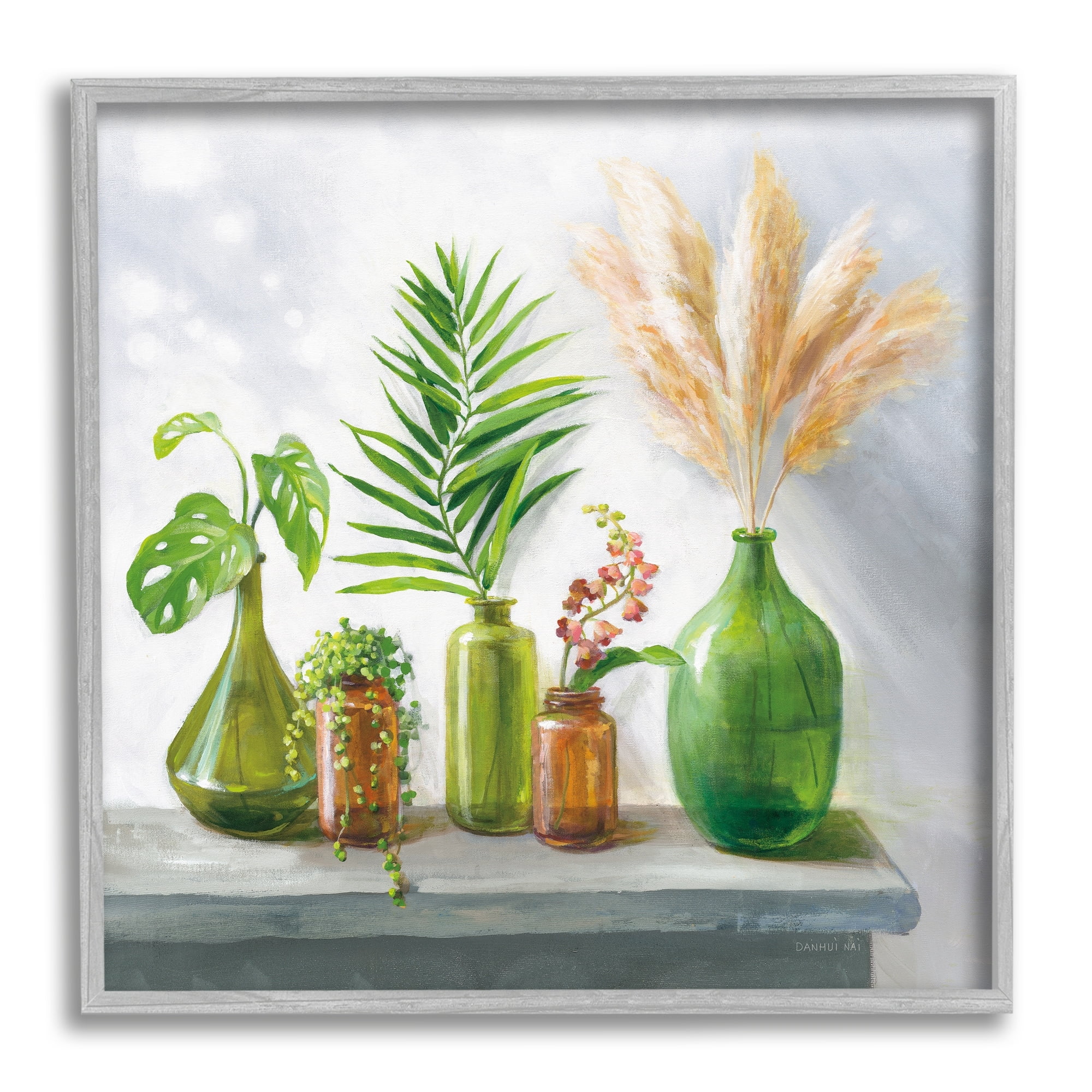 Stupell Industries Varied Ikebana Botanical Leaves Arrangement Still Life Painting Gray Framed Art Print Wall Art, Design by Danhui Nai