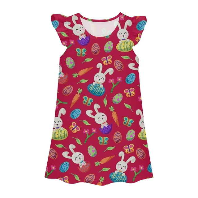 MIASHUI Robe de Princesse pour Filles, Chemises de Nuit pour Enfants Filles, Manches Volantées, Pyjama, Rouge Melon D\'eau, 5-6 Ans