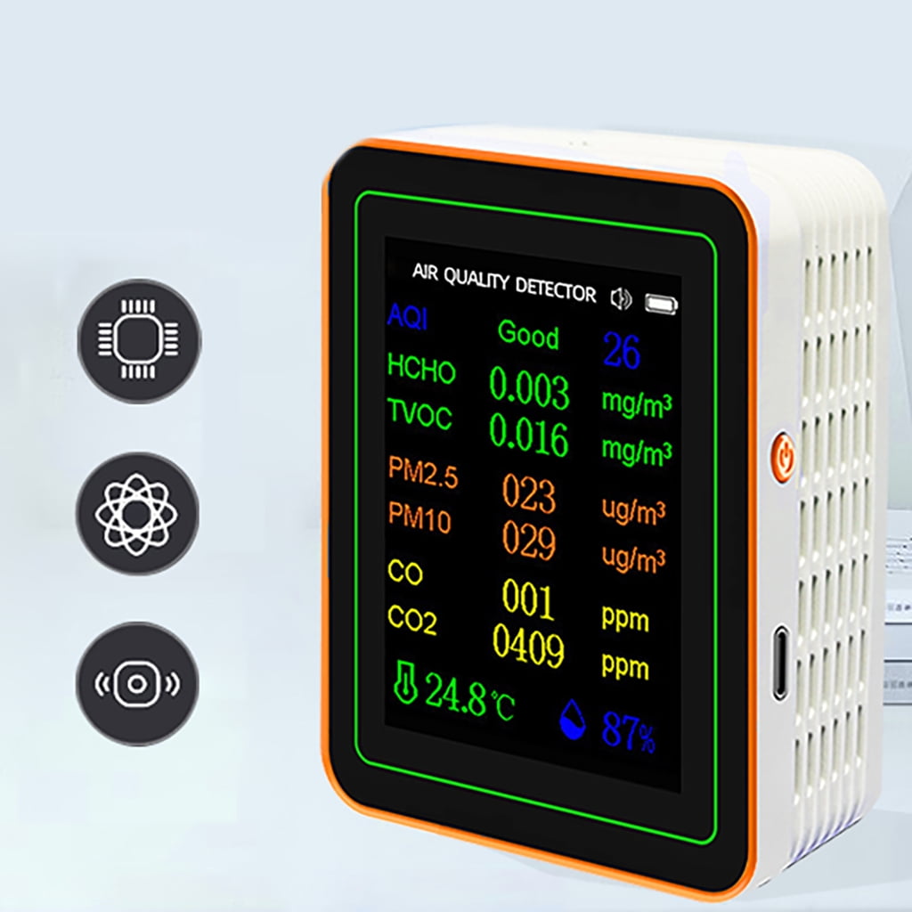 Osdhezcn Air Quality Pollution Meter HCHO TVOC CO CO2 PM2.5 PM10 Temperature Humidity Meter with Buzzers Tester Color Display