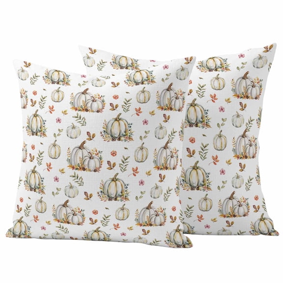 Outdoor Pillow Covers 18 x 18 Inches, Fall Pumpkins Waterproof Throw Pillow Cover Set of 2, Thanksgiving Watercolor Botanical Leaf Decorative Square Cushion Covers for Patio/Tent/Couch/Garden