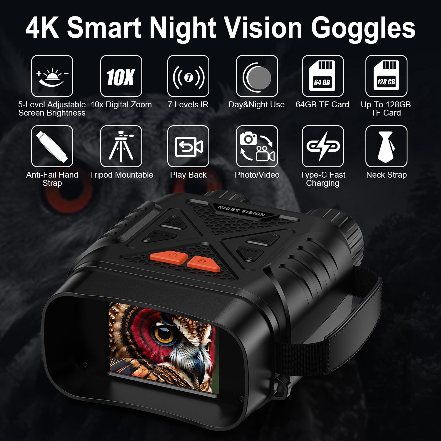 Night Vision Goggles,7 Level Infrared Digital Night Vision Binoculars for Adults,10x Zoom HD Screen Thermal Binoculars with 64GB TF Card for Photos and Videos Type-C Rechargeable Hunting Binoculars