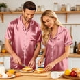 thumbnail image 6 of （Mens） Lightweight Summer Couple Satin Silk Button Down Short Sleeve Top Casual Shorts Matching His Hers Outfit Purple Pink L, 6 of 7