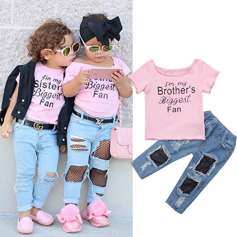 2PCS Children Kids Baby Girls Dress Top+Denim Long Pants Jeans Casual Outfit Set 