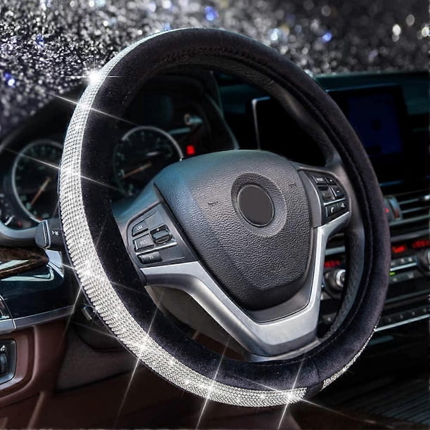 Crystal Diamond Steering Wheel Cover Soft Velvet Feel Bling Steering Wheel Cover for Universal 15 inch Plush Cover