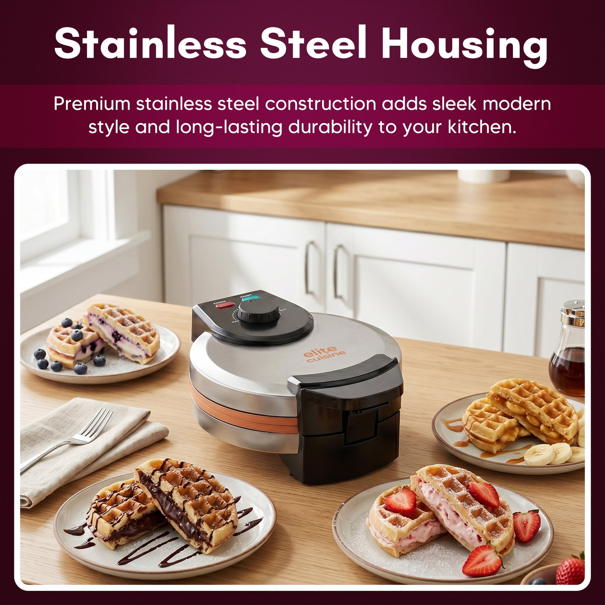 Elite Cuisine EWML0062 Belgian Waffle Maker With PFAS-Free CeramiCrisp Ceramic Nonstick Plates