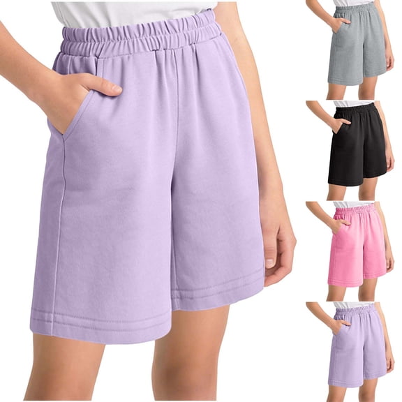 BiZtdJrK Girl Athletic Shorts Elastic High Waist Cotton Bermuda Shorts Knee Length Baggy Gym Workout Sweat Shorts with Pockets Gray 110