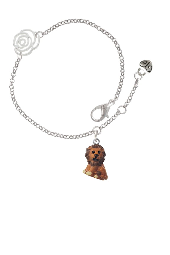 Resin Tan Lion Silver-tone Rose Link Chain Bracelet, 6.25"+1.75" Extender
