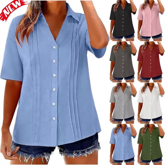 Taqqpue Women Short Sleeve T Shirts Button Down V Neck Blouse Tops Solid Color Plus Size Tees Summer Shirts for Women