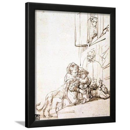 17th Century Framed Print - Woman with a Child Afraid of a Dog, 17th Century Framed Print Wall Art By Rembrandt van Rijn