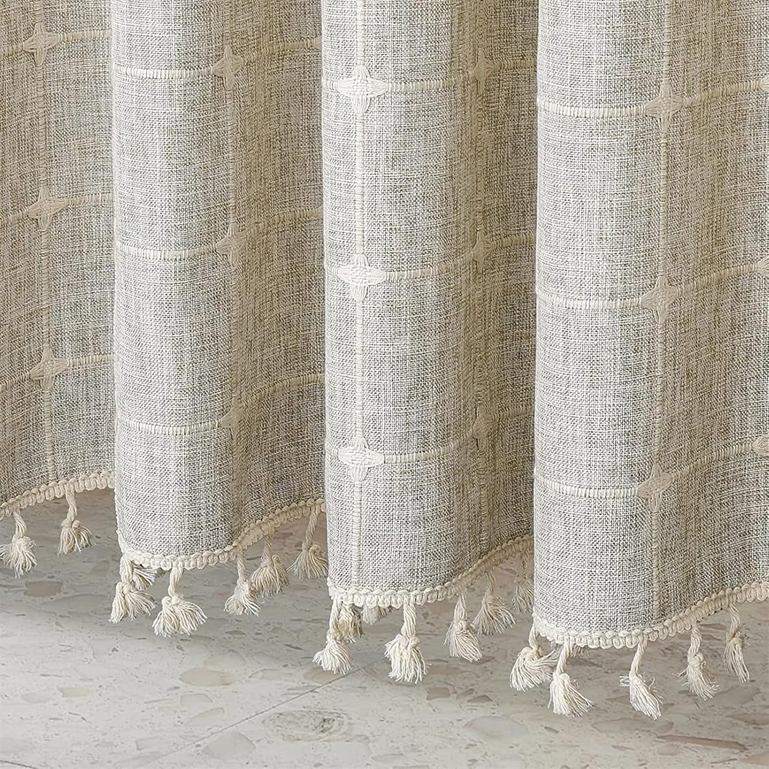 Zrodlmo Boho Farmhouse Shower Curtain with Hooks Rustic Cottagecore Fabric Bathroom Curtain with Tassels, 72" x 72", Beige