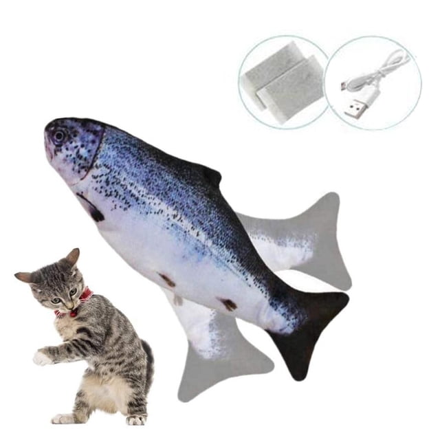 Pez de juguete eléctrico, juguete interactivo para gatos, juguete eléctrico USB de felpa para gatos con juguete para masticar hierba gatera para que los gatos jueguen, muerdan, masticen y pateen
