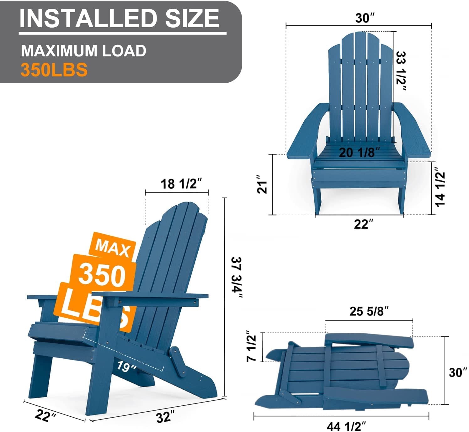 WINSOON Folding Adirondack Chair and Table Set 3 PCS Garden Patio Outdoor Chairs, Navy Blue