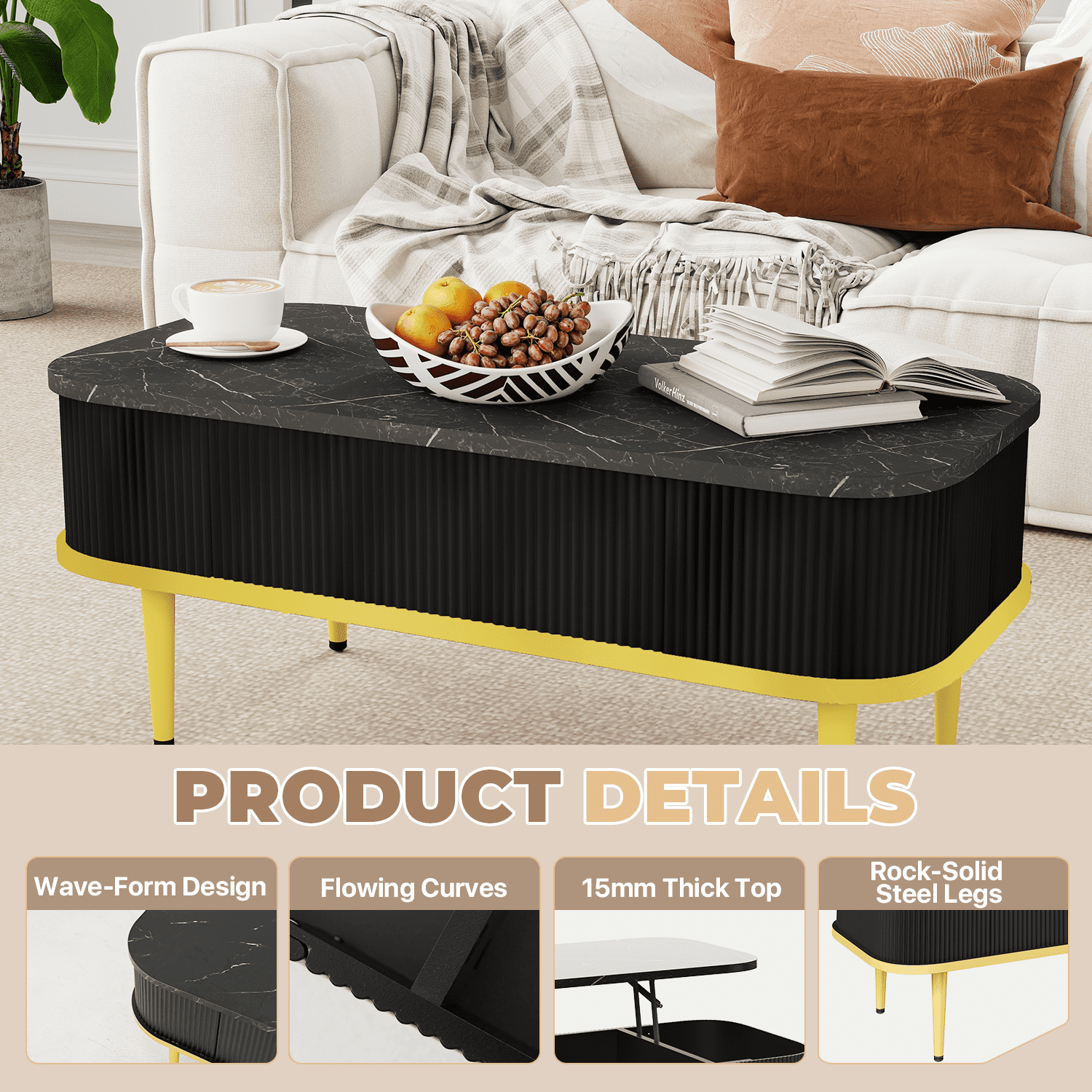 BaPiPro 39" Lift Top Coffee Table with Storage, Modern Fluted Rectangle Center Table with Hidden Compartment for Living Room, Home Office, Black