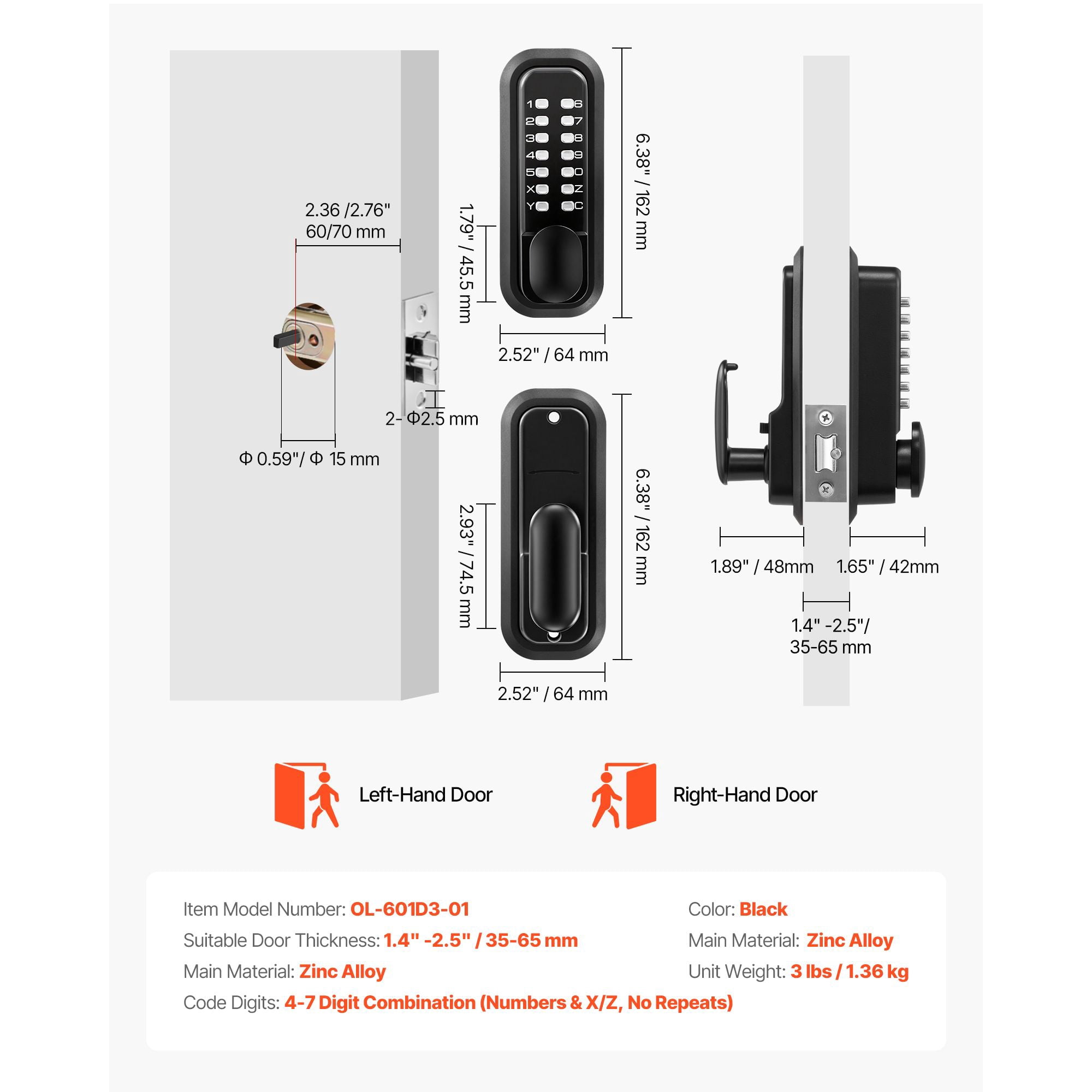 Mechanical Keyless Door Lock Gen2 Single-Sided 4-7 Digit Code No Batteries 1.4-2.5 Inch Door Thickness for Front Gate Garden Garage