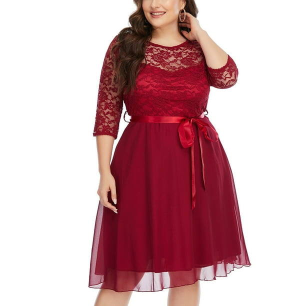 Odeerbi Dresses For Women 2025 Homecoming Dresses Evening Party Dresses Trendy Erogenous Round Neck Short Sleeve Lace Chiffon Plus Size Dress Burgundy