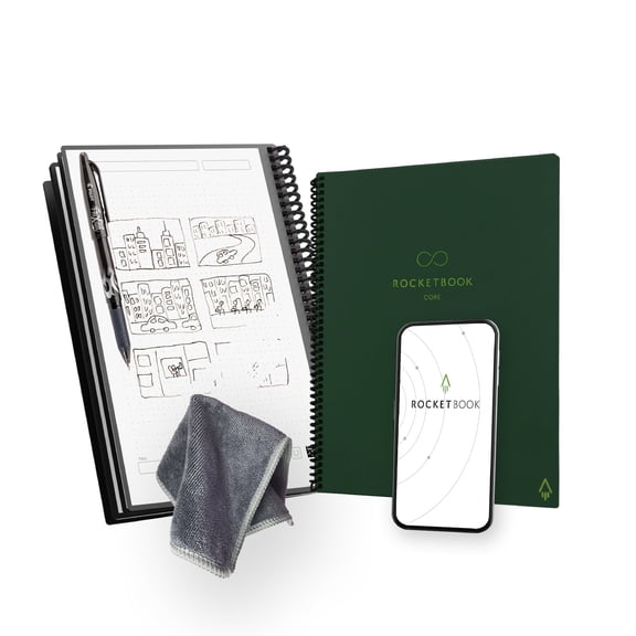 Rocketbook Core Reusable Smart Notebook, Executive 6" x 8.8", Green, Dot Grid Pages, Cloud Connected Erasable Spiral Notebook