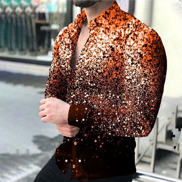 Camisa de hombre con estampado brillante, manga larga, informal, con solapa, para exteriores, con botones, a la moda, transpirable, para verano y primavera