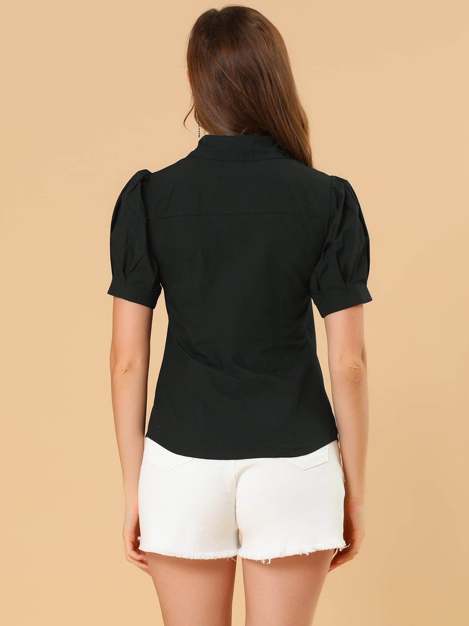 DARING DIVA Women's Puff Sleeve Point Collar Essential Office Shirt M Black