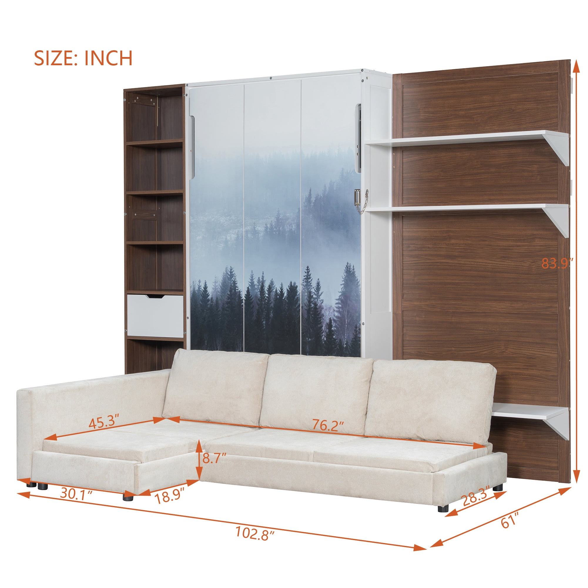 Twin Size Murphy Bed with SOpen Shelf, USB Port, L Shape Sofa, Space-Saving for Small Space, Guest Room