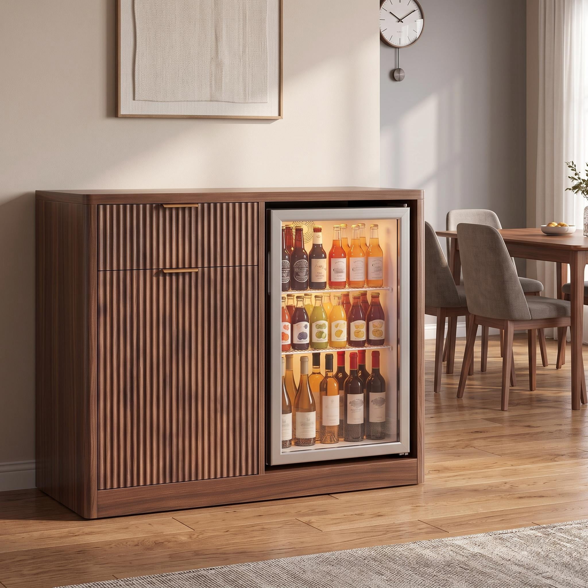 Homy Casa 39.4" Fluted Kitchen Island with Mini Fridge Space, Power Outlet and Storage, Dark Walnut