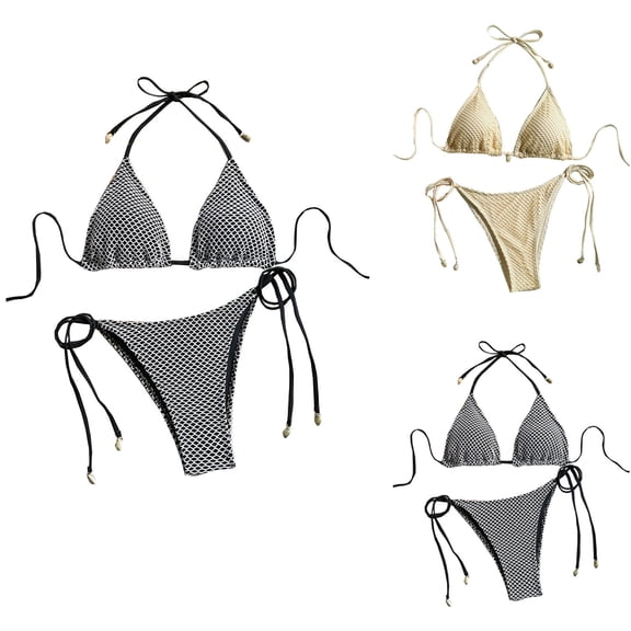 Fengqque Women's 2 Piece Triangle Bikini Set Boho Self Tie Halter Swimsuits Beach Vacation Clothes Black S(S)