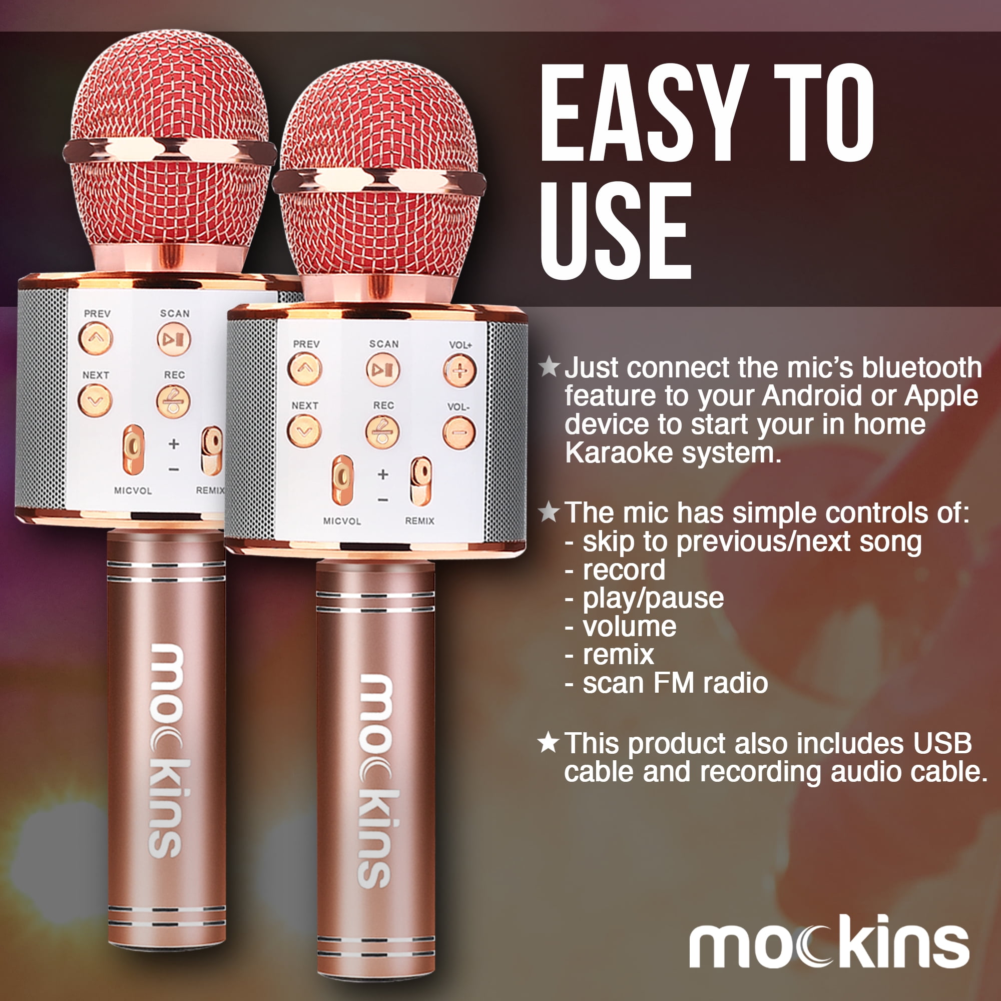 Mockins Rose Gold Handheld Singing Microphones | 2-Pack | Bluetooth Speakers