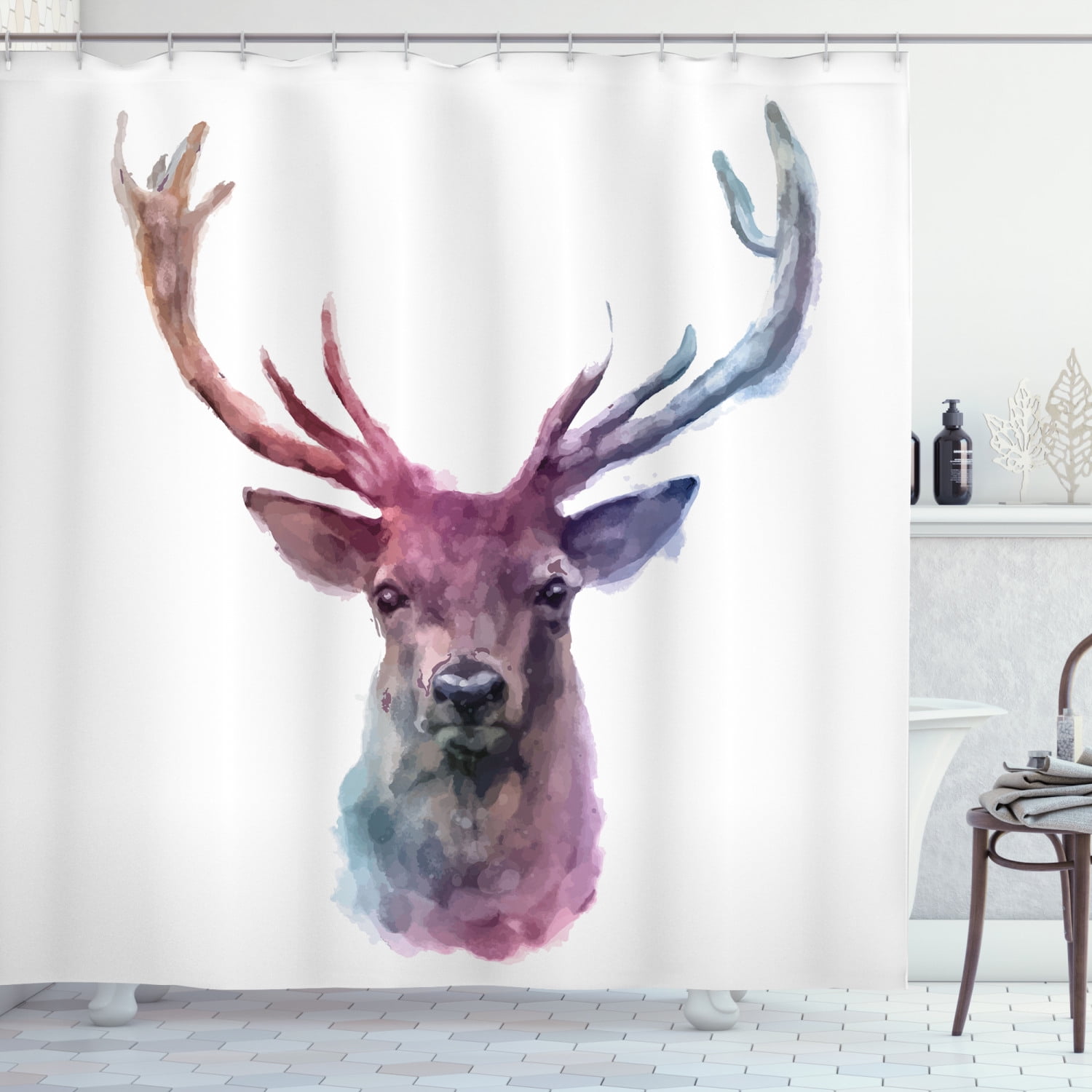 Deer Shower Curtain, Illustration of Male Stag with Soft Pale Colors