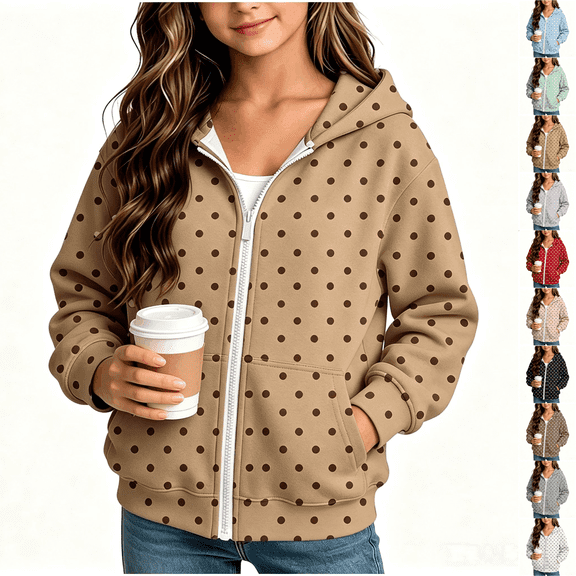 Asgosdo Polka Dot Jackets for Girls Zip Long Sleeve Cute Lightweight Hooded Jacket with Pocket Size 4-12Y