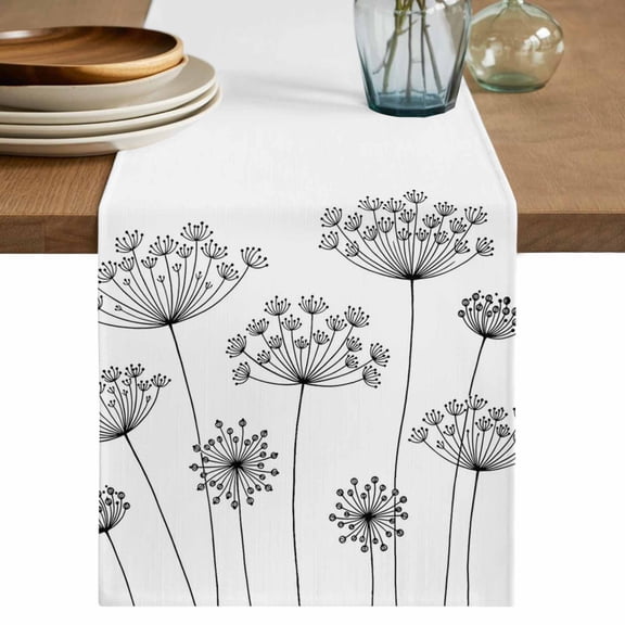 Black Dandelion Table Runner, Spring Country Modern Minimalist Flower Washable Cotton Linen Table Runners 36 Inches Long, Dresser Scarf Runner for Nightstand/End Tables/Round Tables 13''x36''