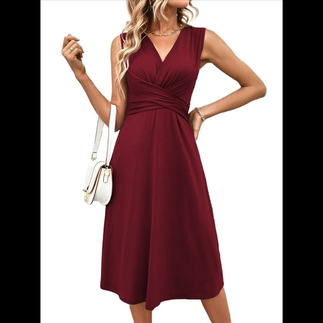 Vestido de Verano para Mujer, Cruzado, con Escote en V, Sin Mangas, Acampanado, Color Rojo Vino, Talla S