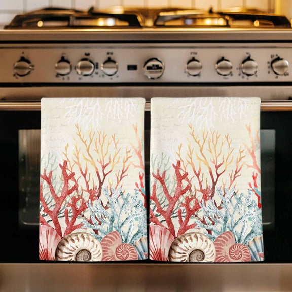 Red Coral Coastal Kitchen Towels Set of 3, Summer Beach Ocean Shells Starfish Turtle Absorbent Dish Towels for Kitchen, Microfiber Hand Towel, Quick Drying Tea Towel for Cleaning Dishcloths