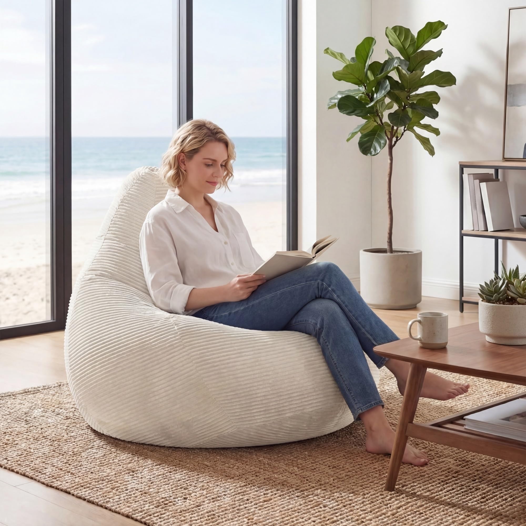 Corduroy Bean Bag Chair for Adults, Comfy Sponge Filling Lazy Sofa for , Soft Lounger for Living Room, Bedroom, Beige