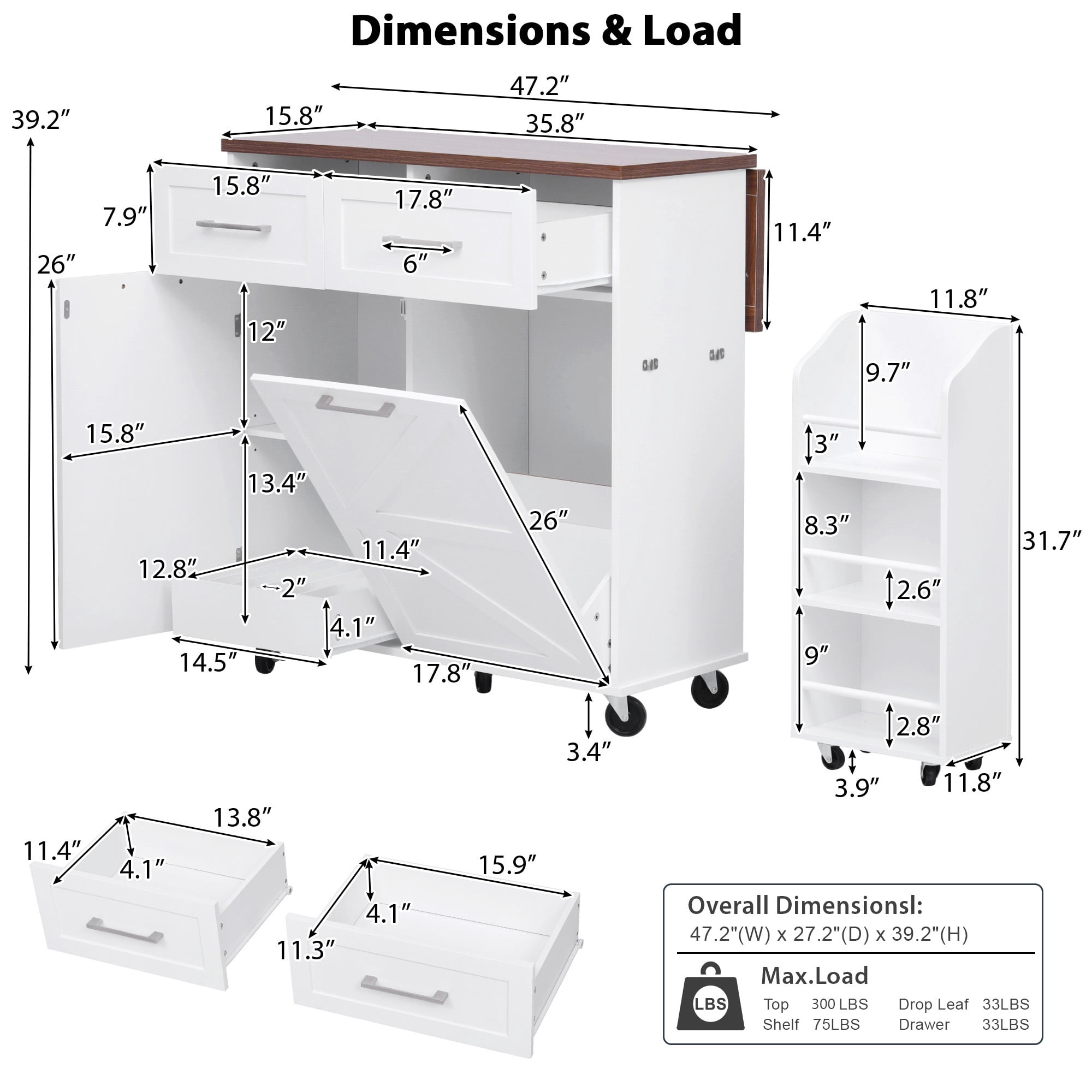 Homy Casa Multi-Function Rolling Utility Cart with Large Storage, Tilt-Out Trash Bin, Adjustable Shelves