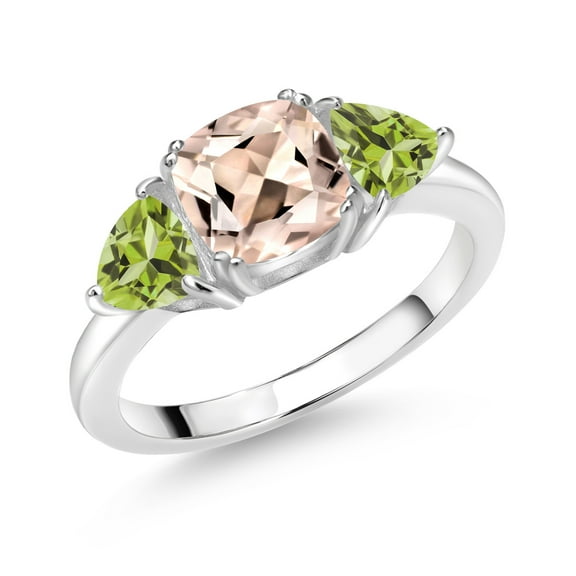 Gem Stone King 925 Sterling Silver Peach Morganite and Green Peridot 3 Stone Engagement Ring for Women (2.26 Cttw, Gemstone October Birthstone, Size 6)