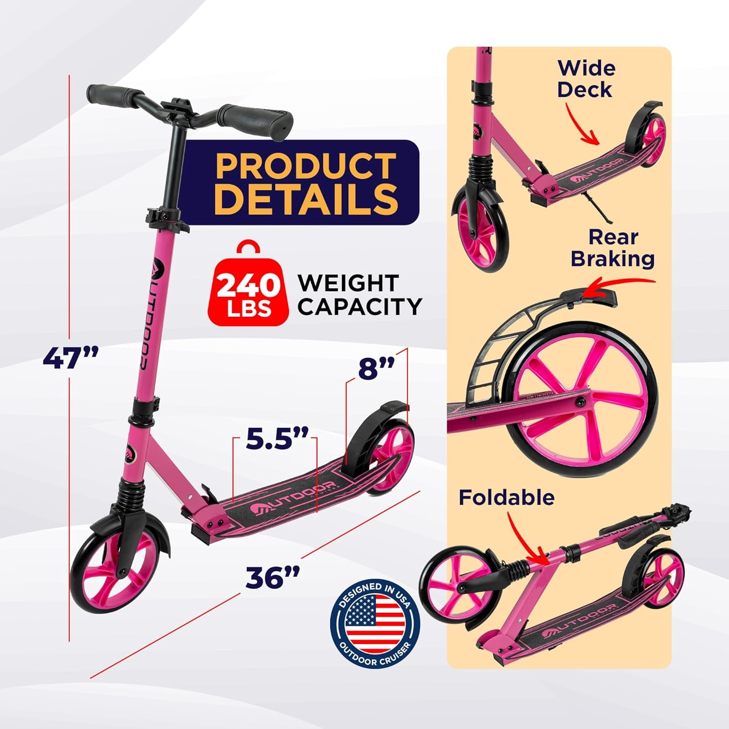 OutdoorCruiser Kick Scooter for Ages 6+, Kids, Teens & Adults, Foldable, Dual Suspension, 3-Level Adjustable Handlebar, Child Safety Approved, Pink